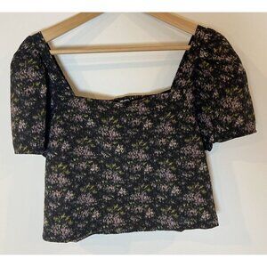 Madewell Hopewell Puff Sleeve Crop Shirt Elastic Back Black Purple Green Medium